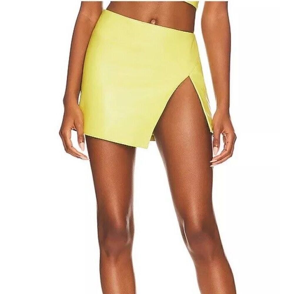Camila Coelho Genuine Leather Mini Skirt Lime Acid Green sz S NWT Revolve $228